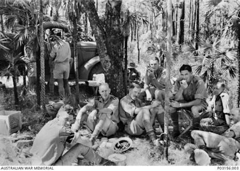 Officers of the 2/21st Battalion taking a break in Northern Territory bushland